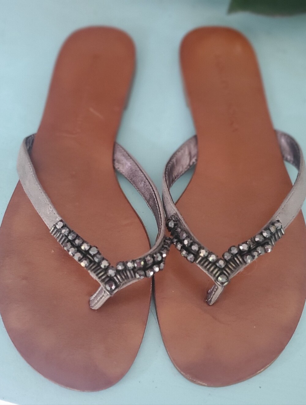 Badgley Mischka Metallic Pewter Beaded Thong Sandals